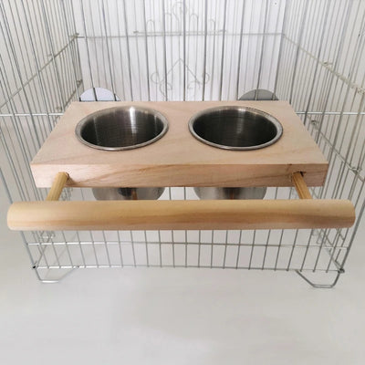 Bird Perch Feeder Wooden Stand Detachable Stainless Steel Feeding Cups Food Water Bowls for Parrot Macaws Lovebirds Cockatoos