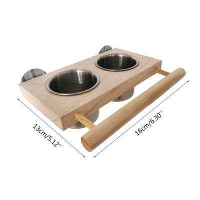 Bird Perch Feeder Wooden Stand Detachable Stainless Steel Feeding Cups Food Water Bowls for Parrot Macaws Lovebirds Cockatoos
