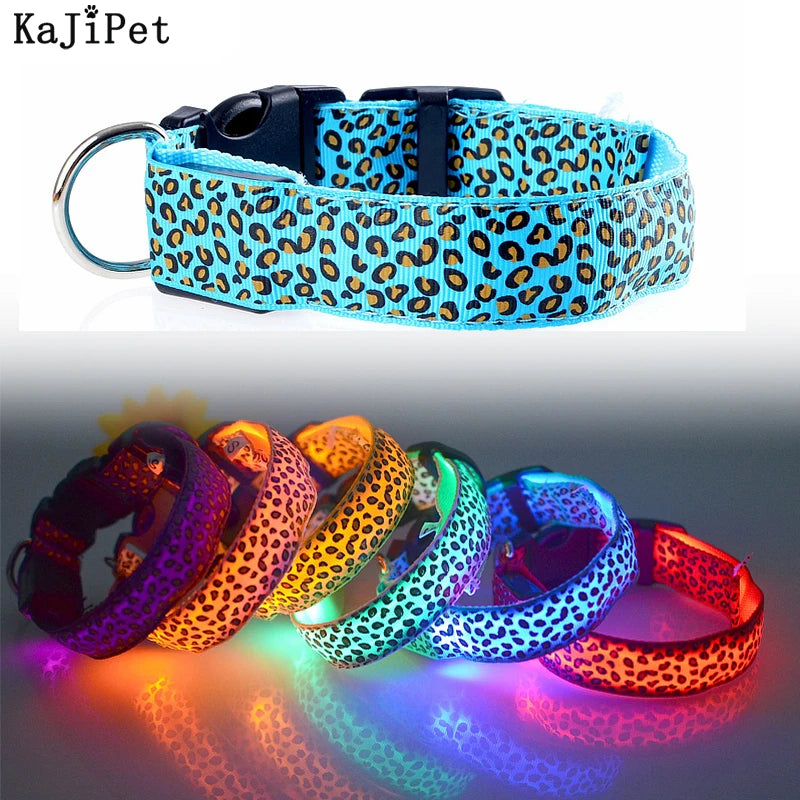 Stylish leopard print LED dog collars in various colors by KAJIPET, showcasing brightness and unique design for nighttime walks.