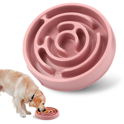 French Bulldog using a colorful slow food bowl designed to promote healthy eating habits and prevent indigestion.