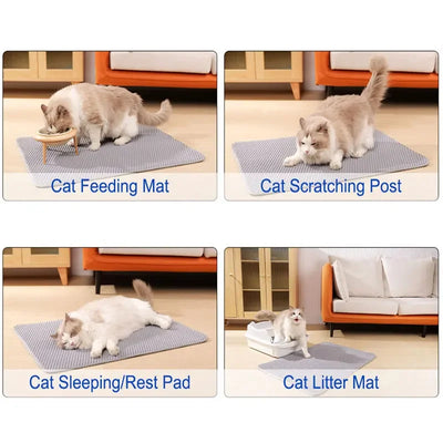 Cat litter mat with honeycomb design, non-slip surface, and a cat walking out of a litter box.