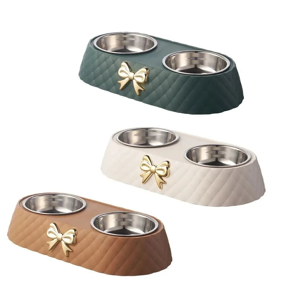 Light luxury pet double bowl in brown, green, and white, featuring a bow design for food and water.