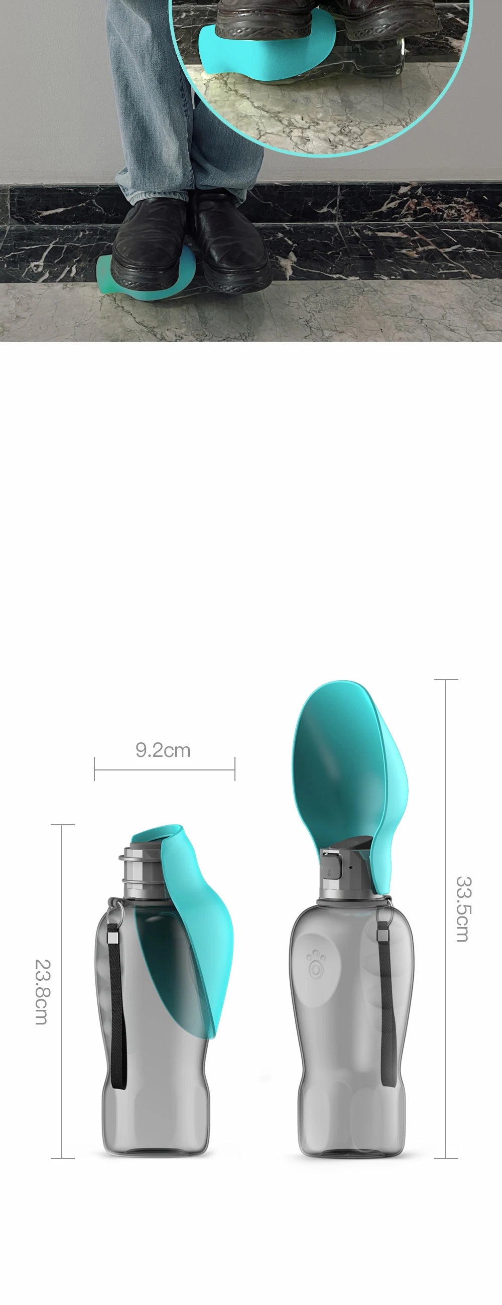 800ml portable dog water bottle for large dogs in green, blue, and pink, with a dog drinking water from it.