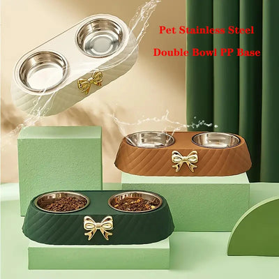 Light luxury pet double bowl in brown, green, and white, featuring a bow design for food and water.