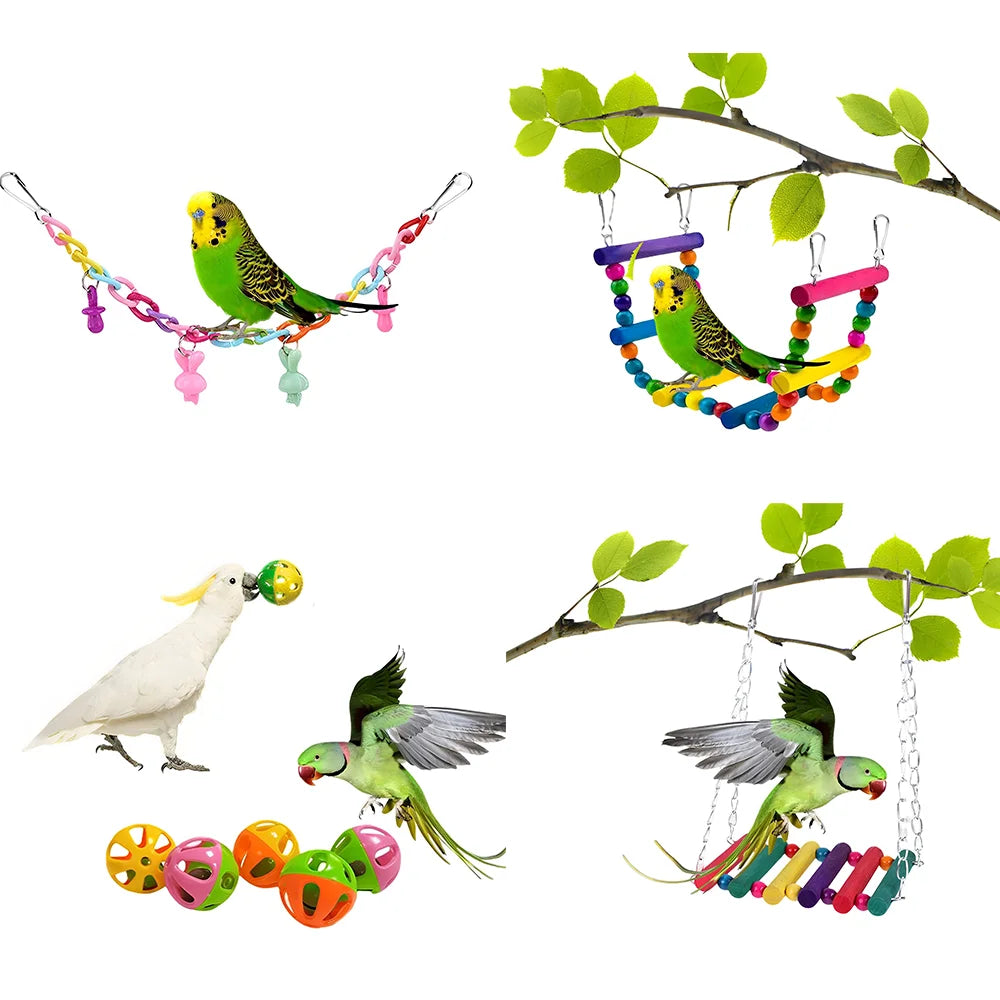 11Pcs Bird Cage Toys for Parrots Wood Birds Swing Reliable Chewable Bite Bridge Wooden Beads Shape Parrot Toy Bird Toys