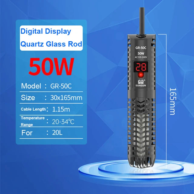 SUNSUN Aquarium Submersible Heater Fish Tank Quartz Glass LCD Display 220V Digital Heating Rod Constant Temperature Control 200W