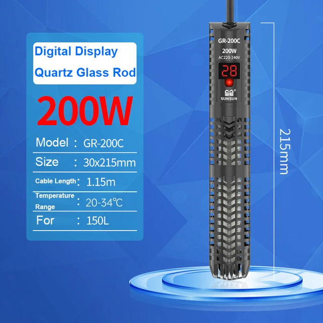 SUNSUN Aquarium Submersible Heater Fish Tank Quartz Glass LCD Display 220V Digital Heating Rod Constant Temperature Control 200W