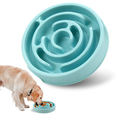 French Bulldog using a colorful slow food bowl designed to promote healthy eating habits and prevent indigestion.