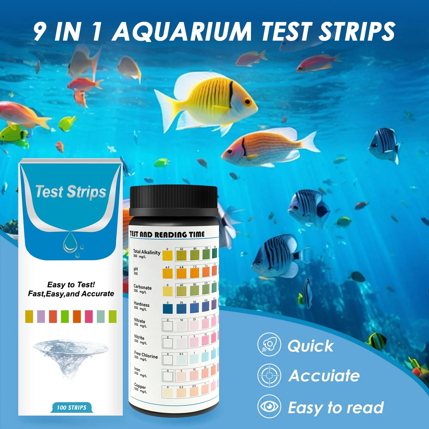 100 Pcs 9-IN-1 Aquarium Test Fish Tank Test Kit with Test Tube Water Quality Monitor pH Test Strips Strips Easy Fast Accurate