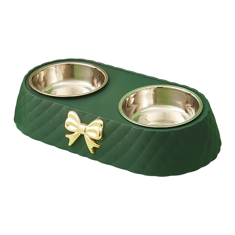 Light luxury pet double bowl in brown, green, and white, featuring a bow design for food and water.