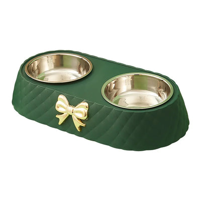 Light luxury pet double bowl in brown, green, and white, featuring a bow design for food and water.
