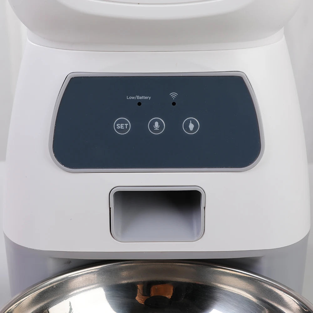 Automatic pet feeder for cats with LCD display and smartphone control, accompanied by a relaxed cat.
