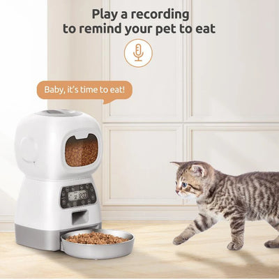 Automatic pet feeder for cats with LCD display and smartphone control, accompanied by a relaxed cat.