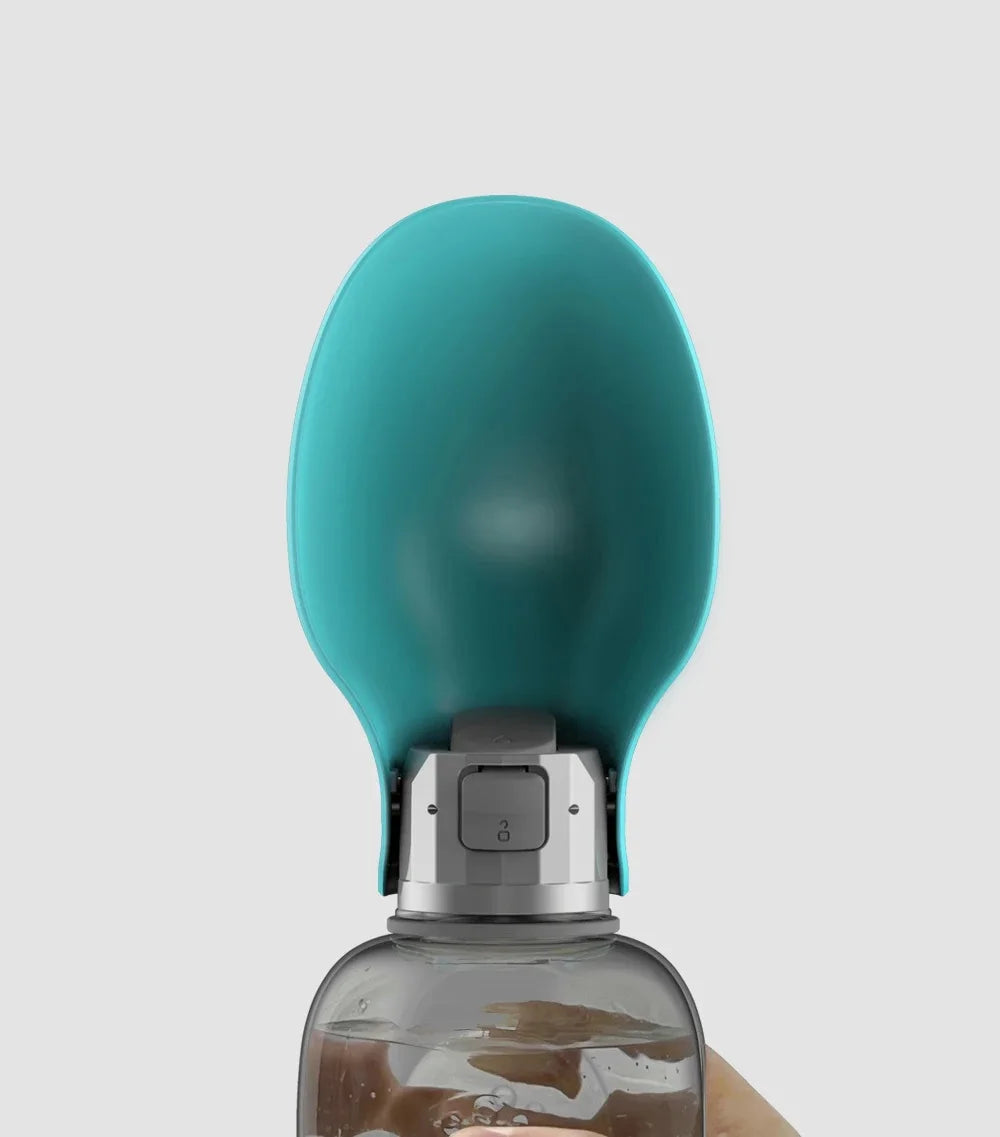 800ml portable dog water bottle for large dogs in green, blue, and pink, with a dog drinking water from it.