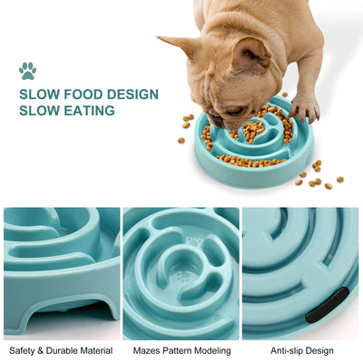 French Bulldog using a colorful slow food bowl designed to promote healthy eating habits and prevent indigestion.