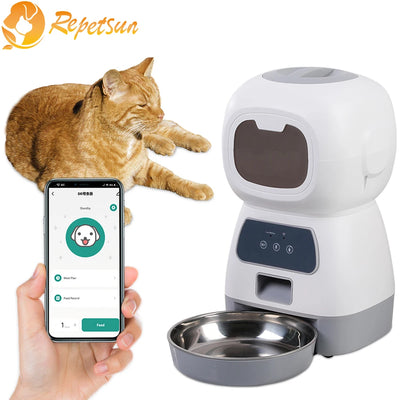 Automatic pet feeder for cats with LCD display and smartphone control, accompanied by a relaxed cat.