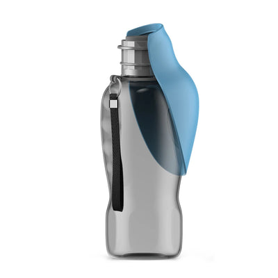 800ml portable dog water bottle for large dogs in green, blue, and pink, with a dog drinking water from it.