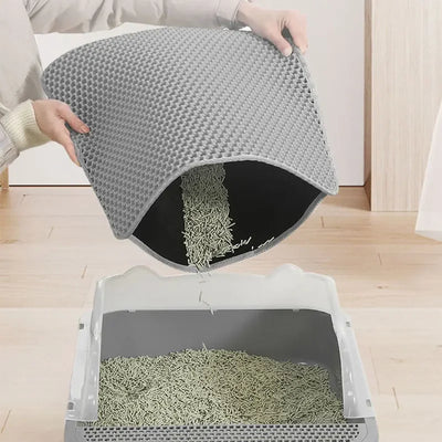 Cat litter mat with honeycomb design, non-slip surface, and a cat walking out of a litter box.