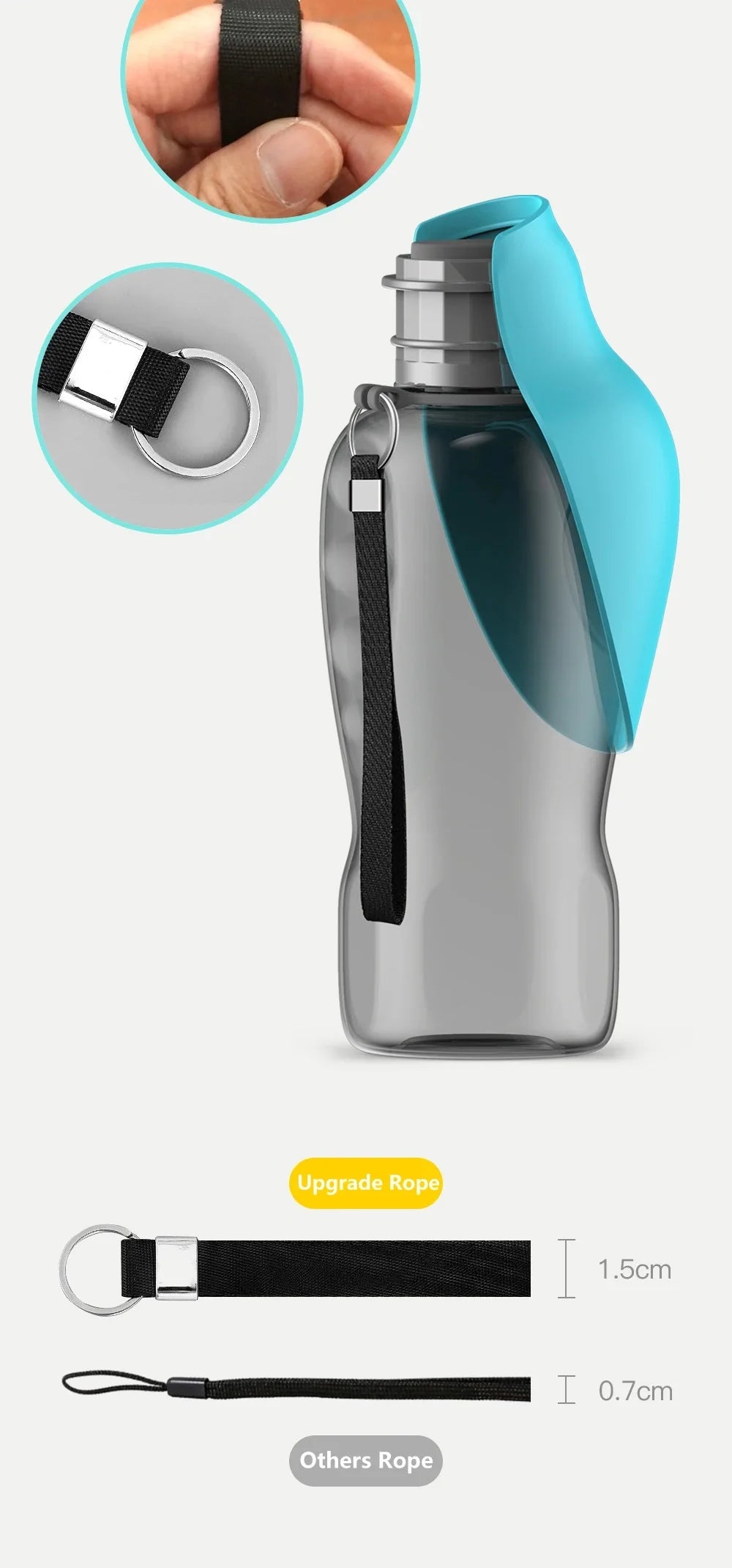 800ml portable dog water bottle for large dogs in green, blue, and pink, with a dog drinking water from it.