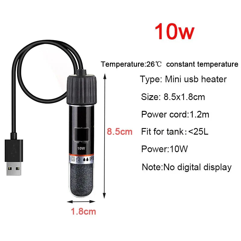USB-Powered Mini Aquarium Heater - 10W Auto-Thermostat Submersible Fish Tank Heater for Small Tanks, Betta Tanks, Desktop Safe E