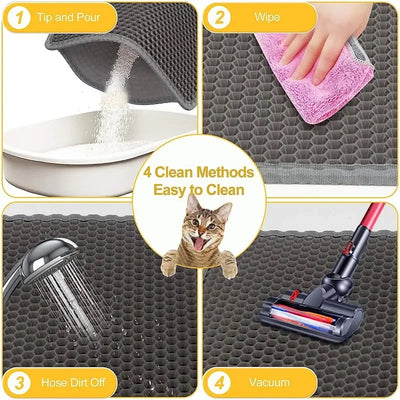 Cat litter mat with honeycomb design, non-slip surface, and a cat walking out of a litter box.