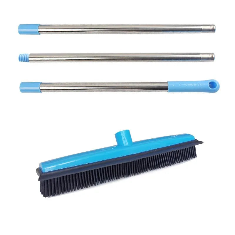 Rubber broom showing applicable places: bathroom, wooden floor, living room, and outdoor areas.