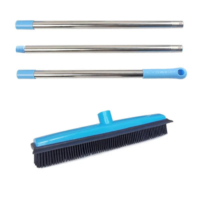Rubber broom showing applicable places: bathroom, wooden floor, living room, and outdoor areas.