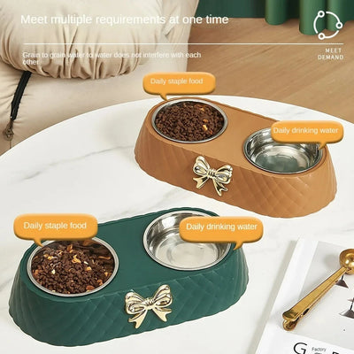 Light luxury pet double bowl in brown, green, and white, featuring a bow design for food and water.