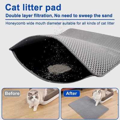 Cat litter mat with honeycomb design, non-slip surface, and a cat walking out of a litter box.