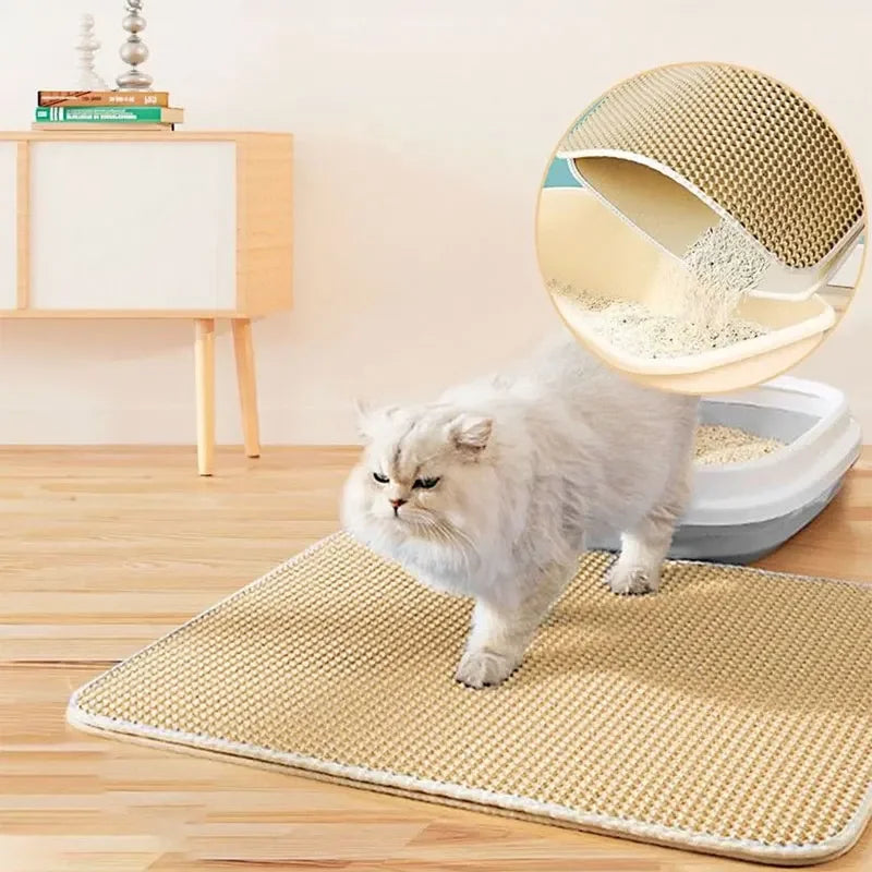 Cat litter mat with honeycomb design, non-slip surface, and a cat walking out of a litter box.