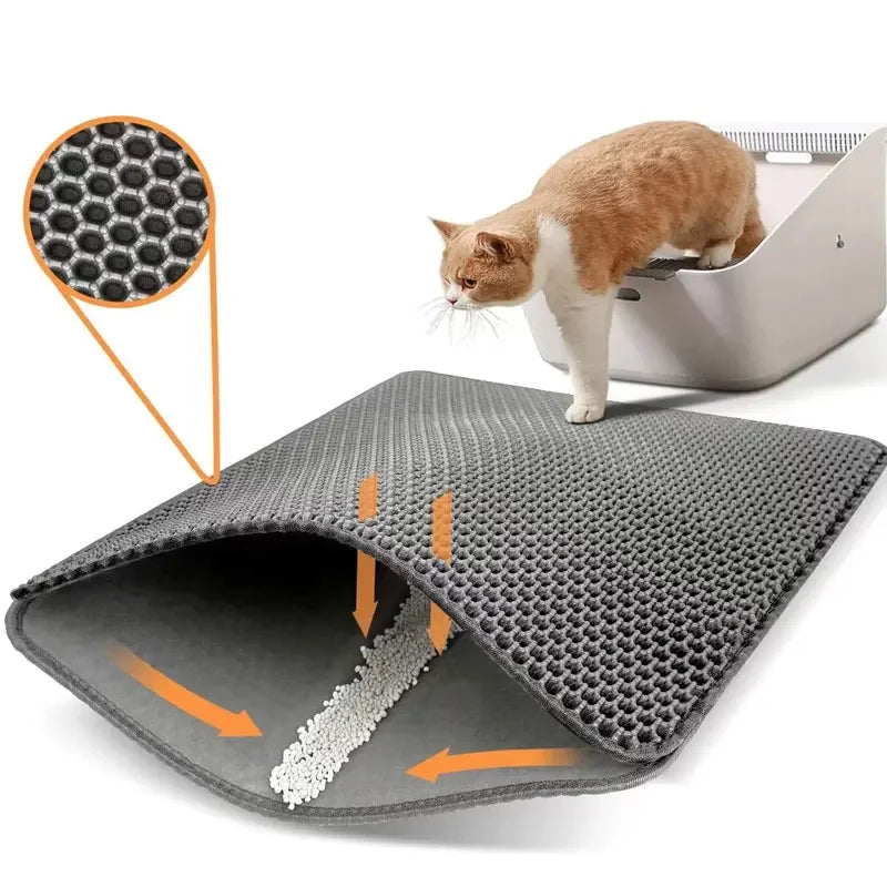 Cat litter mat with honeycomb design, non-slip surface, and a cat walking out of a litter box.
