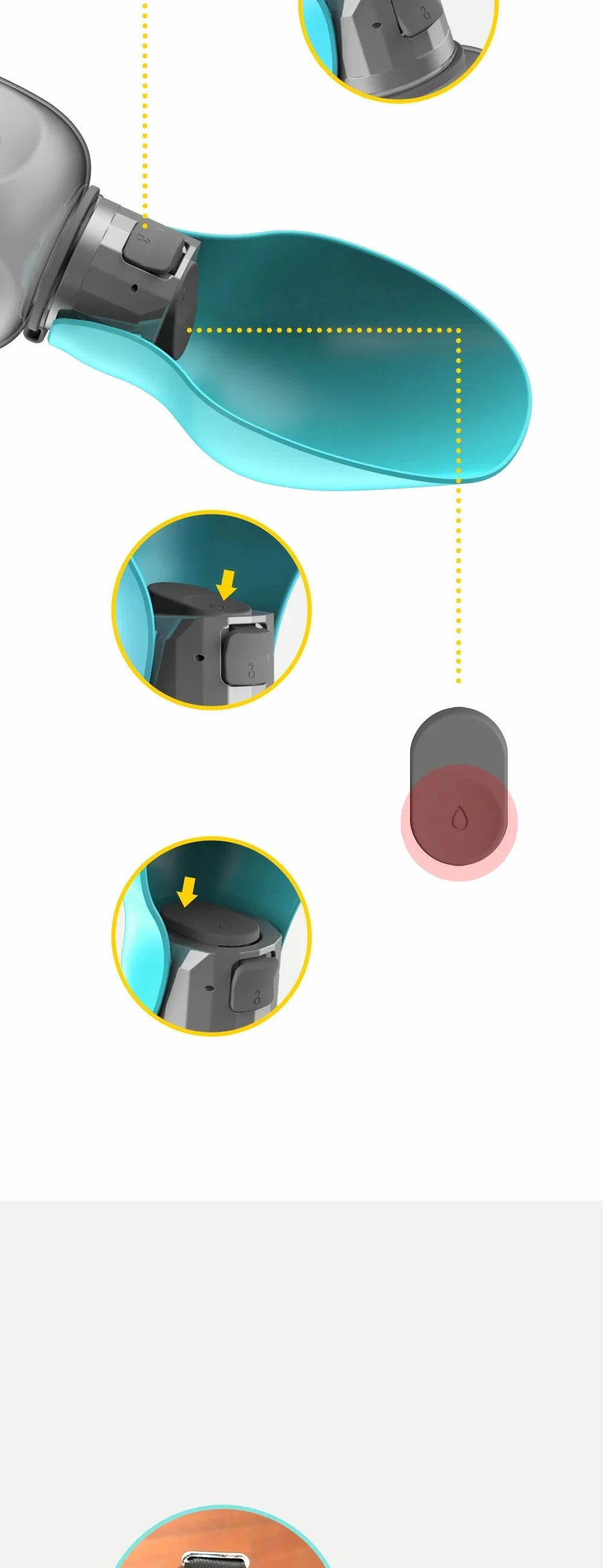 800ml portable dog water bottle for large dogs in green, blue, and pink, with a dog drinking water from it.