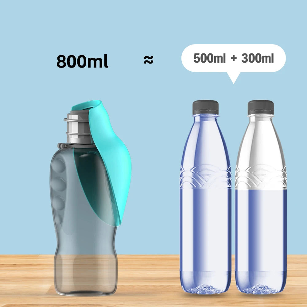 800ml portable dog water bottle for large dogs in green, blue, and pink, with a dog drinking water from it.