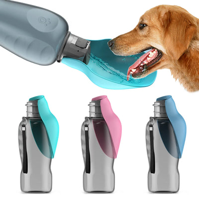 800ml portable dog water bottle for large dogs in green, blue, and pink, with a dog drinking water from it.